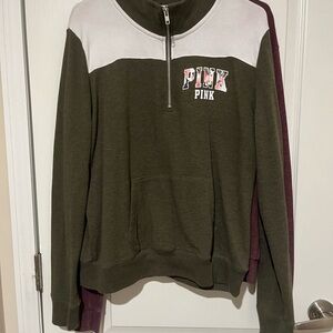PINK Victoria's Secret Olive and White Half-Zip Pullover